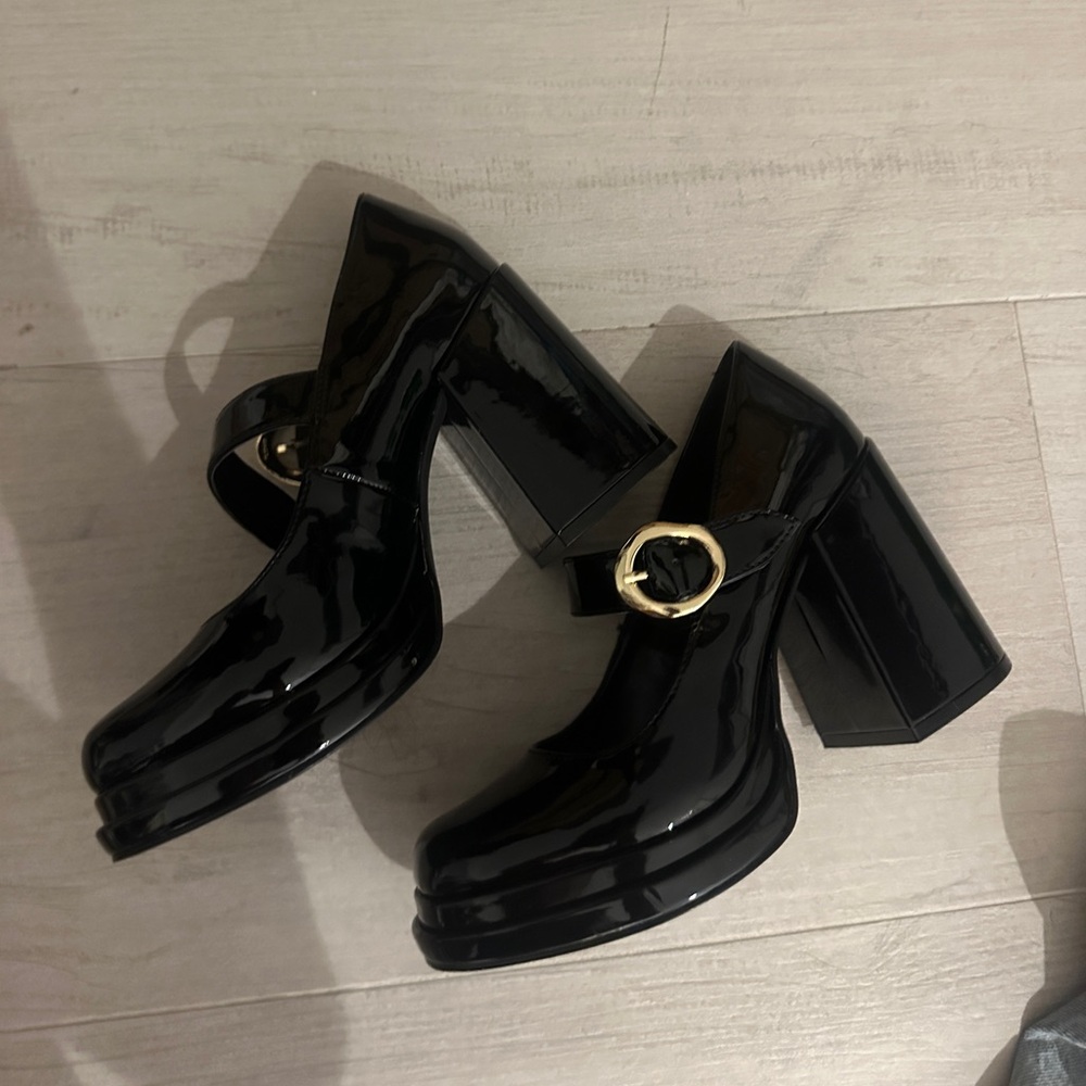 Steve Madden Black Patent Heels with Gold Buckle